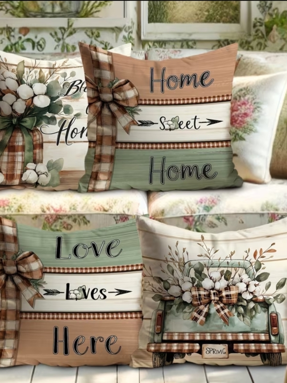4 Pcs. Spring Cotton Floral Accent Pillow - Green & Tan